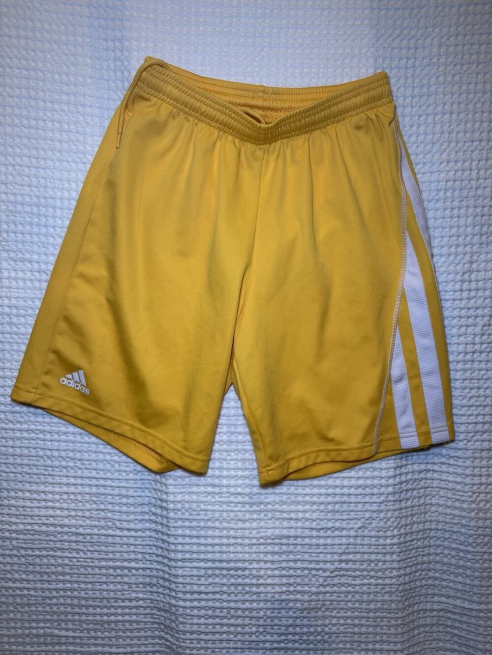 Adidas Clima Men’s Soccer Shorts Size S Yellow Gold White 3 Stripe Drawstring